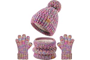 DOCVIT Kids Pompom Winter Beanie Hat Scart Gloves Set,Boys Girls Knitted Fleece Lined Woollen Hat for Children's Toddler 3-9 Years
