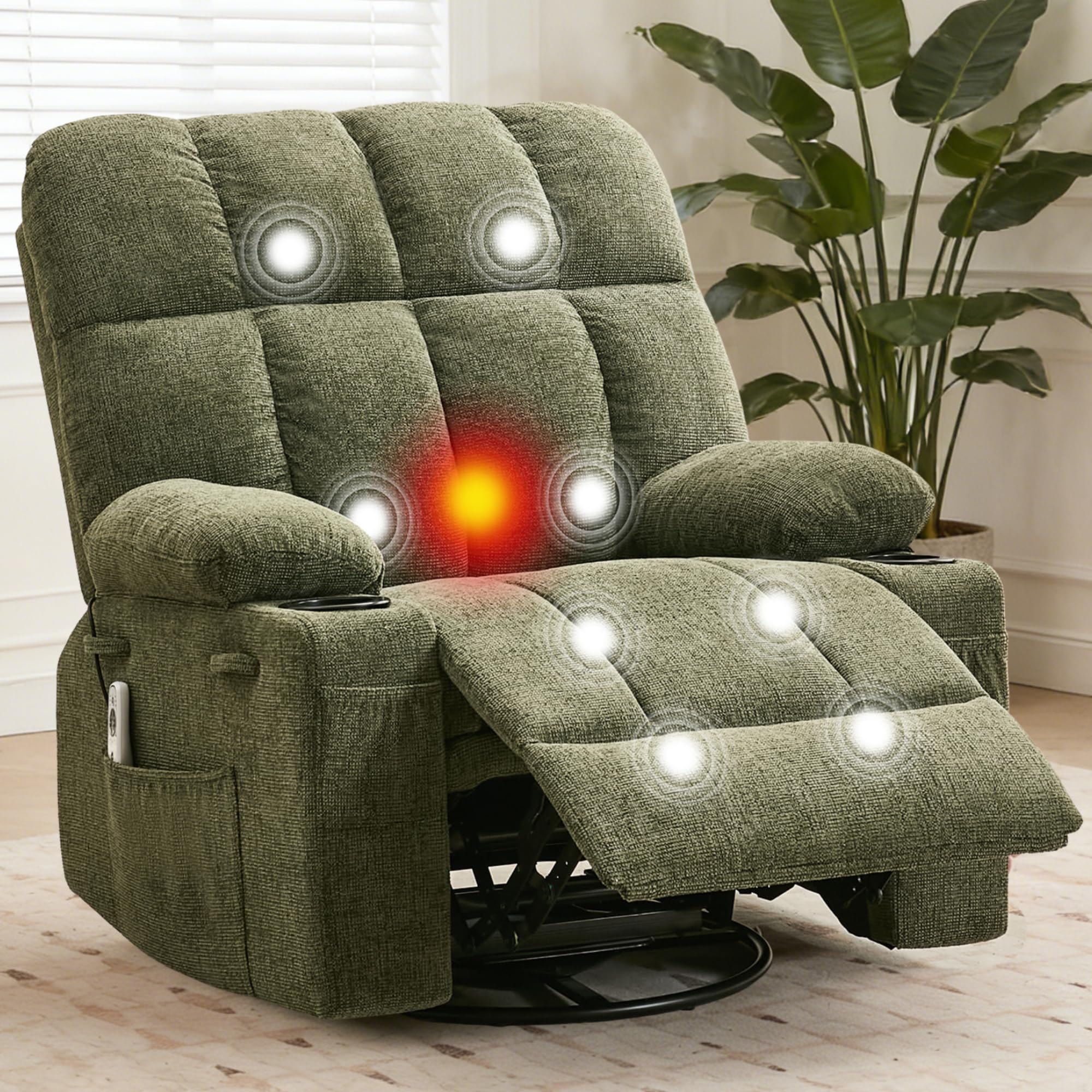 Photo 1 of (ALL PARTS, UNFUNCTIONAL) IDEALHOUSE Rocking Recliner Chair with Heat, 38.5" Oversized Swivel Rocker Recliner with Massage, Side Pockets & Cup Holders, Reclining Sofa for Living Room, Bedroom (Green, Linen)