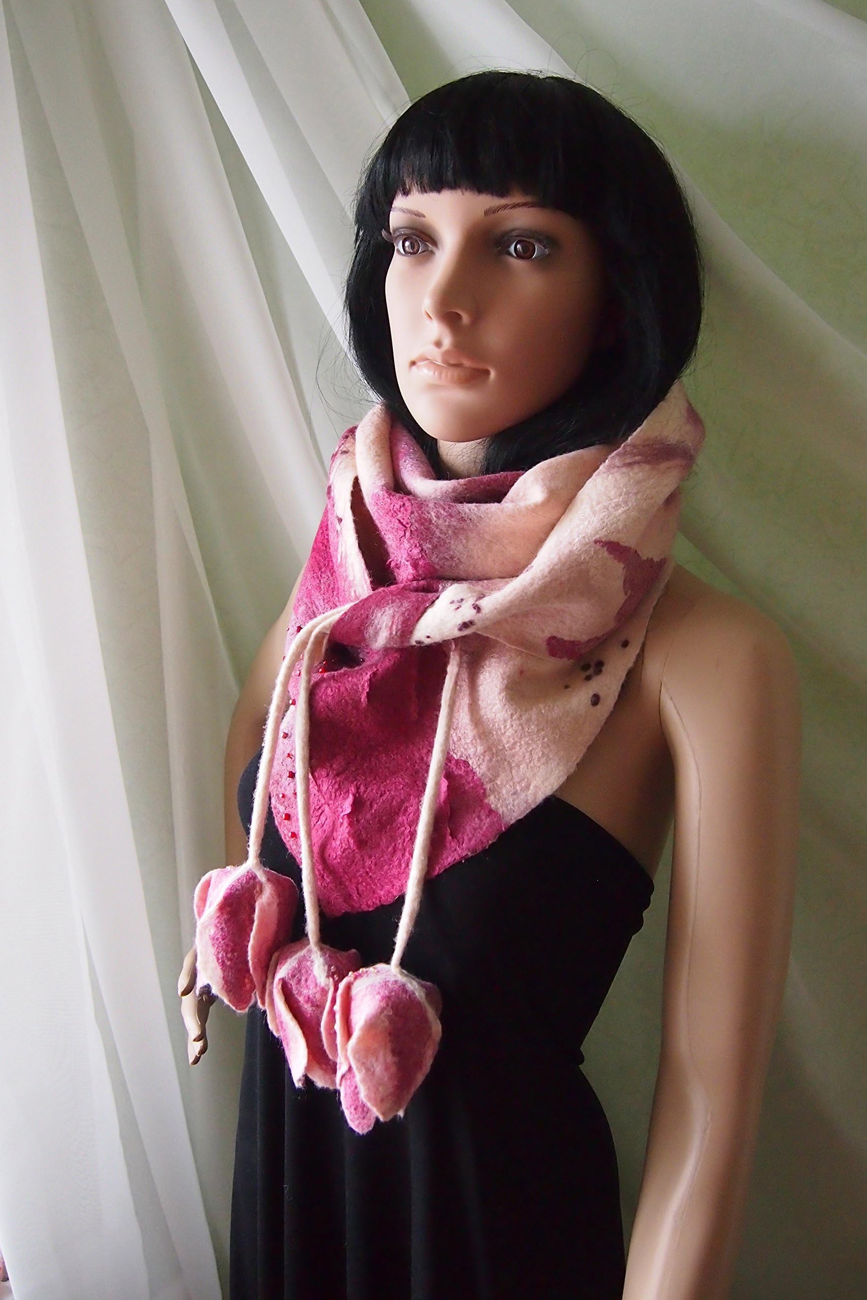 pink red flowers Women Felted merino wool scarf shawl baktus handmade Wool Women Real fur scarf Nuno felted scarf Wool Silk scarf floral scarf pink Ready to ship