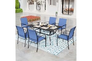 SUNSHINE VALLEY 7 Piece Patio Dining Set for 6, Rectangular Metal Dining Table with Umbrella Hole and 6 Chairs, Outdoor Table and Chairs Set for Lawn Backyard and Deck, Blue