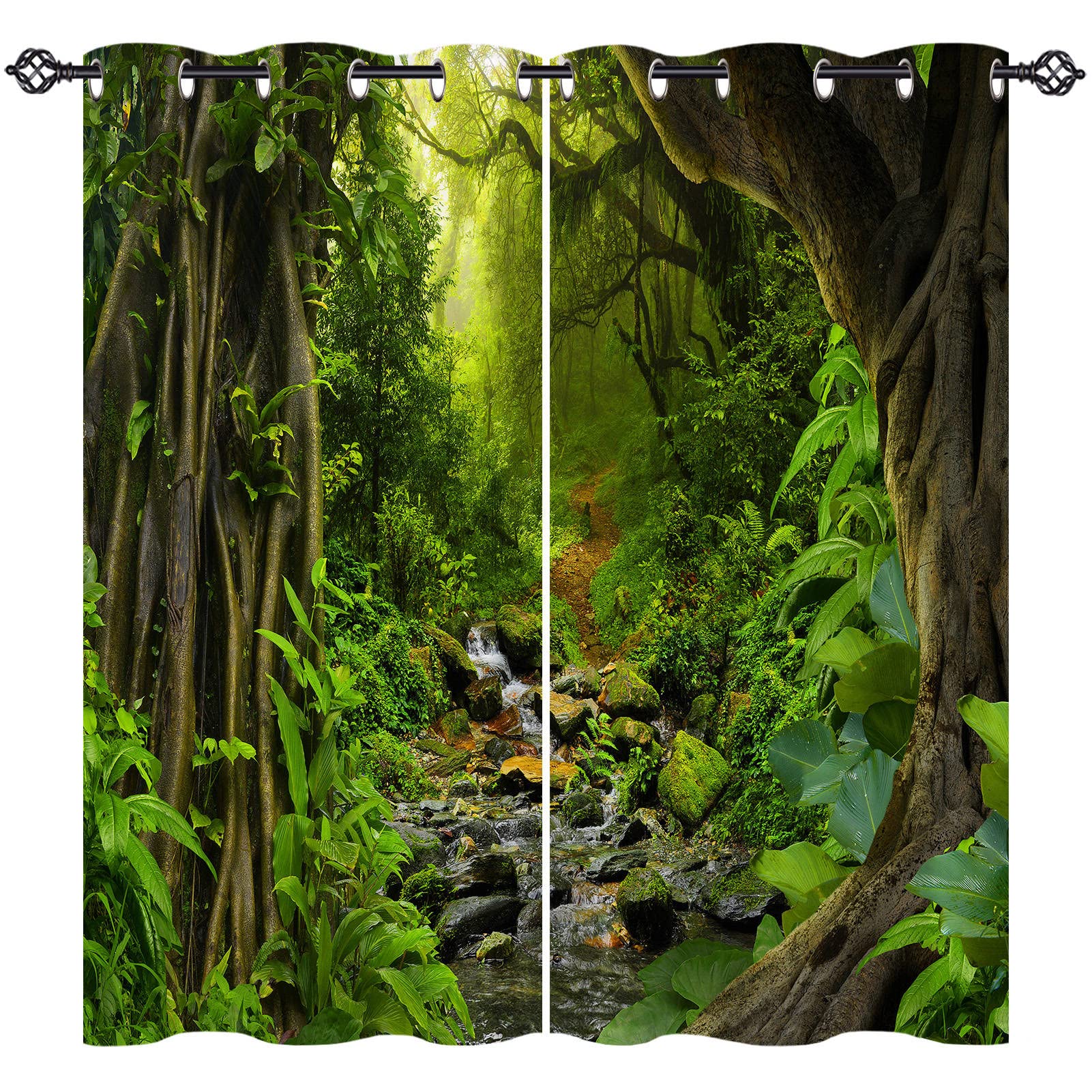 ANHOPE Jungle Curtains Eyelet Thermal Insulated Blackout Curtains Tropical Rainforest Jungle Forest Tree River Print Pattern Ring Top Window Drapes for Bedroom Living Room 46 x 54 Inch Drop 2 Panels