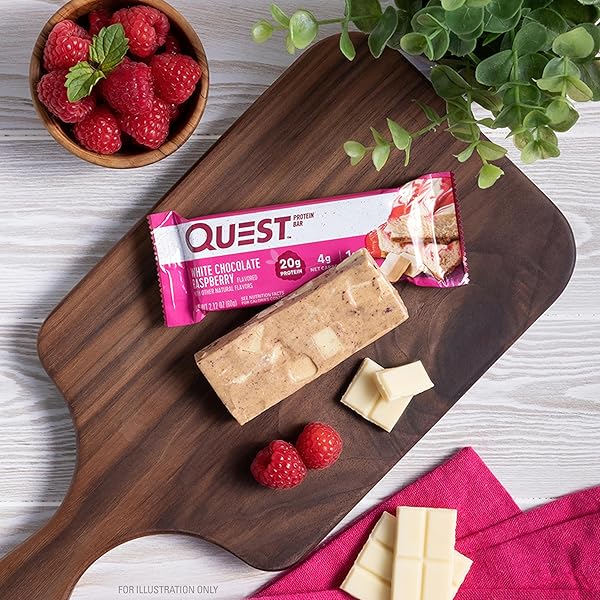 QUEST NUTRITION WHITE CHOCOLATE RASPBERRY PROTEIN BARS, 20G PROTEIN, 1G SUGAR, 5G NET CARB, HIGH FIBER, GLUTEN FREE, KETO FRIENDLY, 4 COUNT