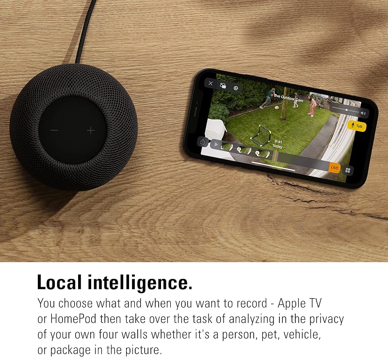 Outdoor CAM Lote de 2 – cámara Segura con Foco, máxima Seguridad y privacidad (HomeKit Secure Video), 1080p, visión Nocturna, Wi-Fi (2,4 GHz), Sensor de Movimiento, comunicación bidireccional