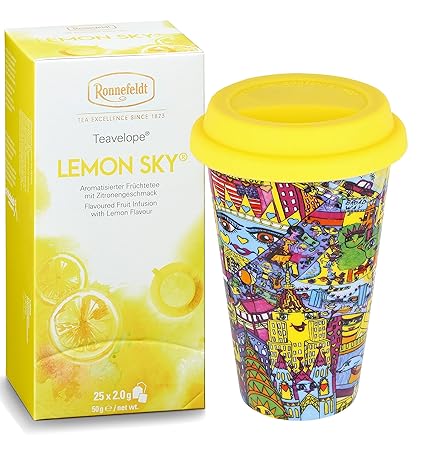 Ronnefeldt Promopack – Teavelope „Lemon Sky“ Früchtetee, 50 g inkl. To Go Becher aus Porzellan, 0,3 L