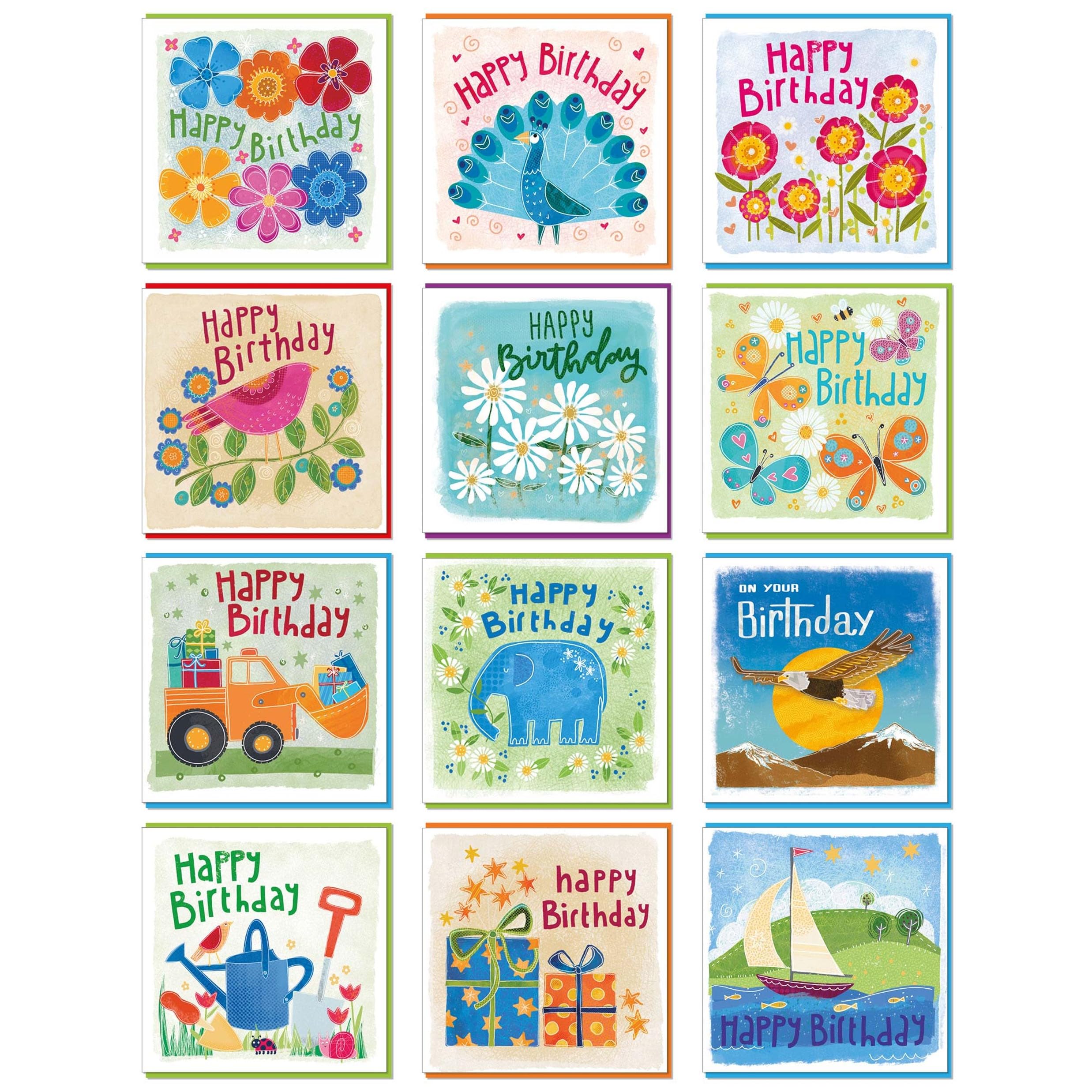 Pack of Birthday Cards for women and men, 14x14cm, 12 designs in this birthday cards multipack, each with a coloured envelope. Printed in the UK, by Just Cards Direct (GE1025)