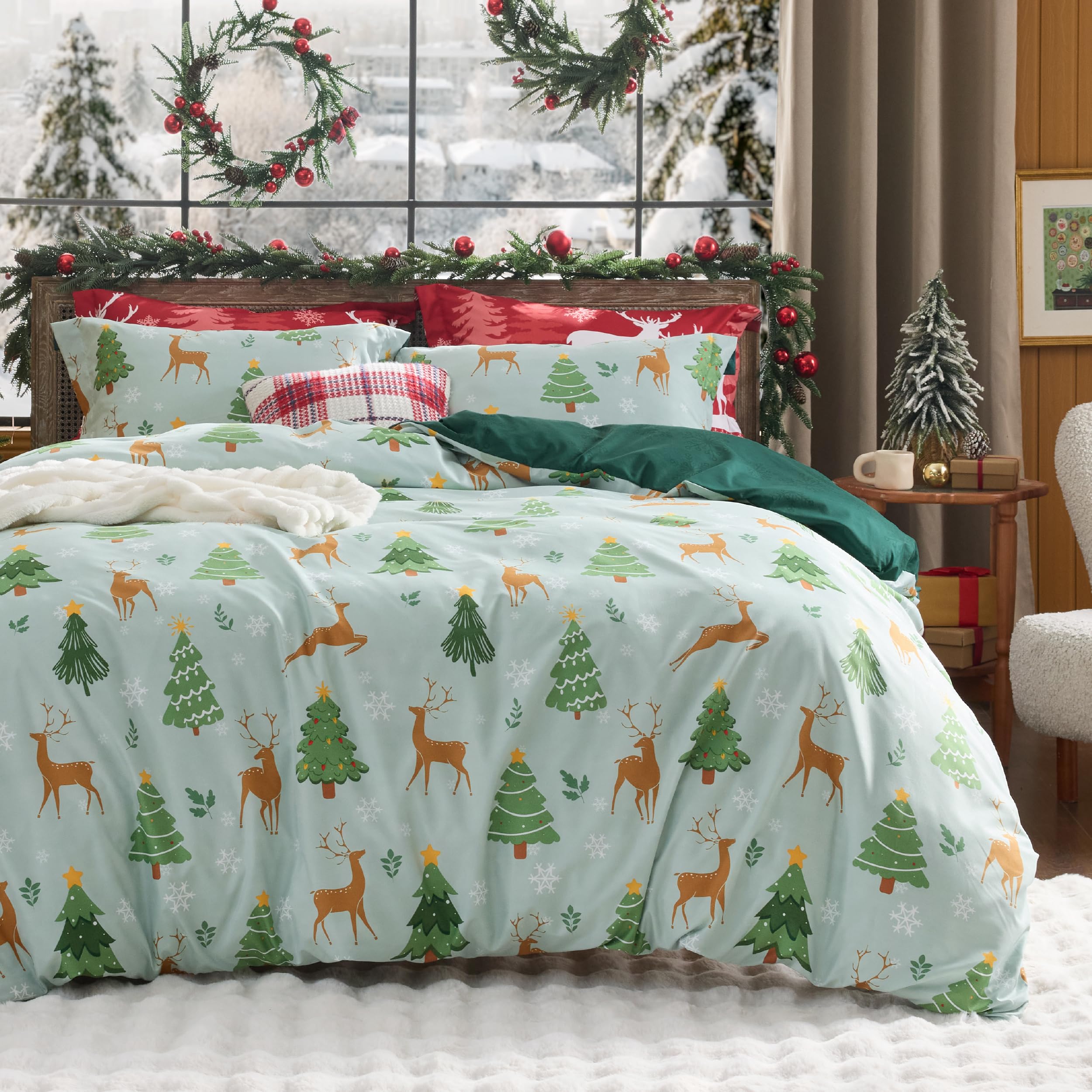 Photo 1 of Bedsure Christmas Duvet Cover Twin - Holiday Bedding Collection with Christmas Tree and Reindeer Pattern, Includes 1 Duvet Cover and 1 Pillow Sham (Twin, Christmas Tree and Reindeer)