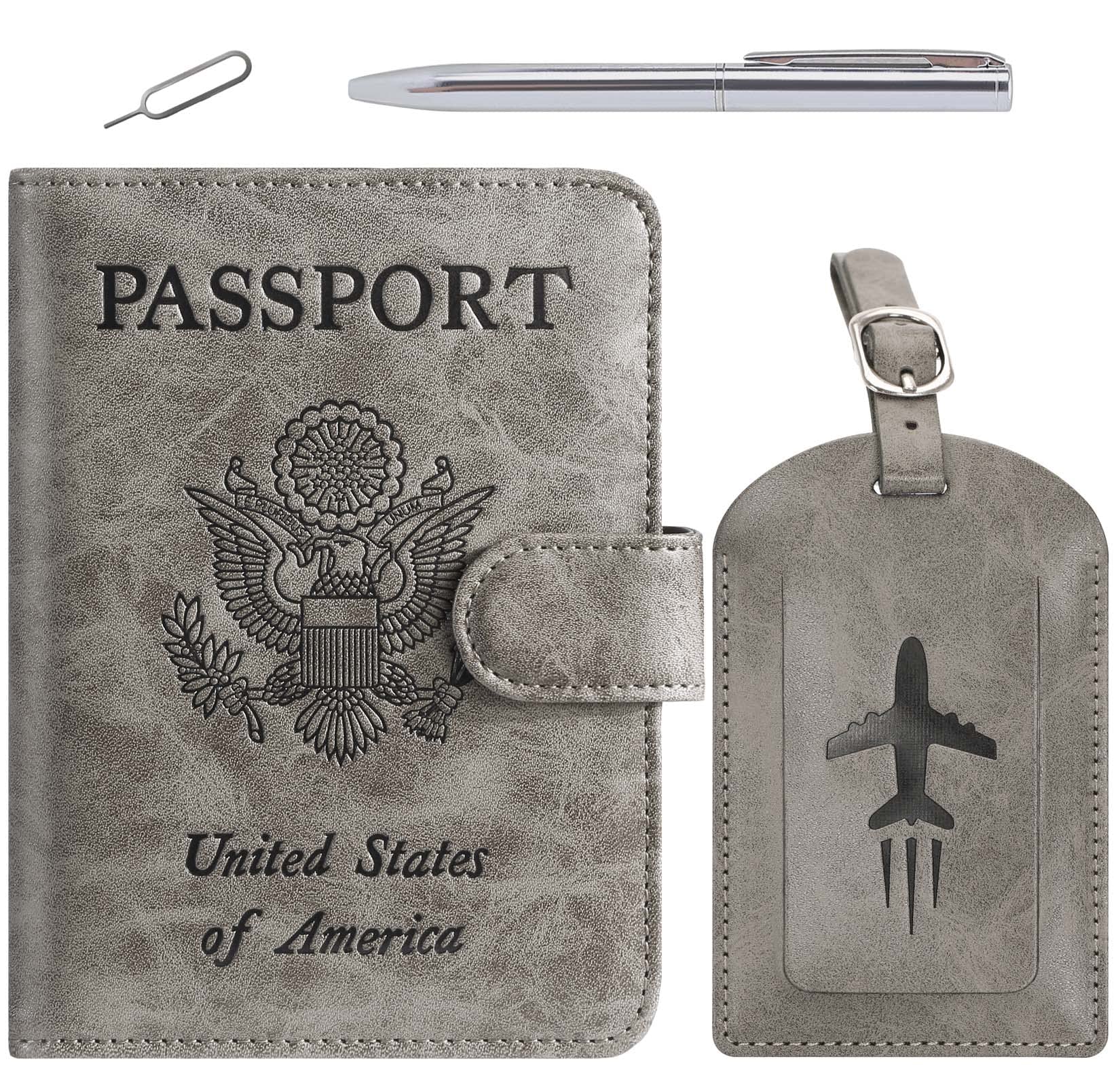 Passport Holder With Luggage Tag Cover Wallet RFID Blocking Leather Case Travel Essentials Accessories Travel Must Have(114#Grey)