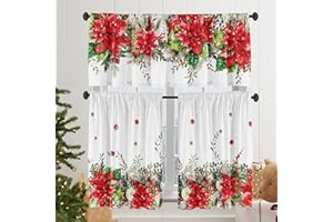 Deztibos Christmas Poinsettia Curtain Valances Set Decoration, Suitable for Kitchen, Bedroom, 54lx18w Inch 27lx24w Inchx2, Xmas Elegant Holiday3-Panel Set