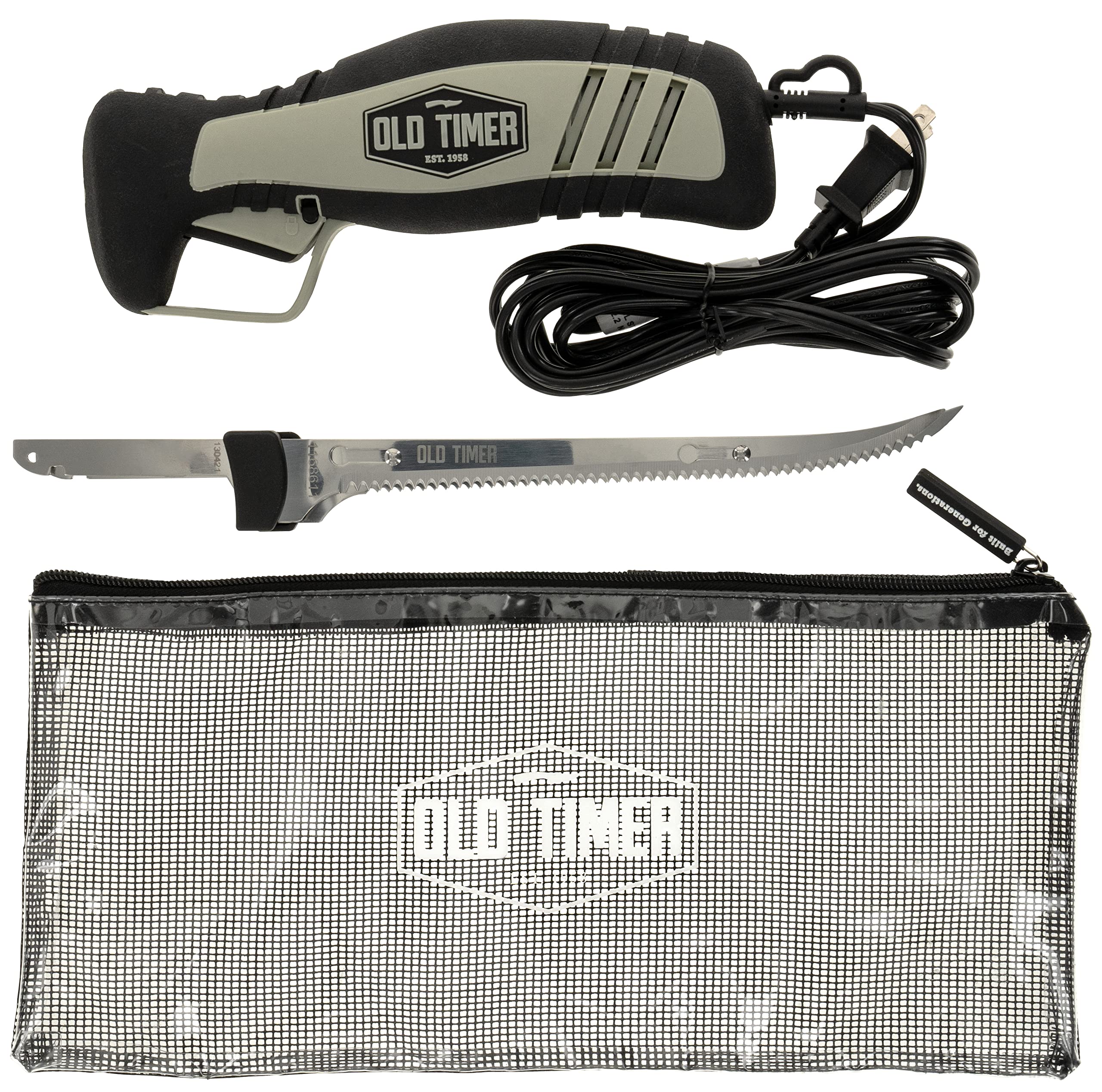 Old Timer 110V Electric Fillet Knife with 8in Fully Serrated Stainless-Steel Blade, Trigger Lock, Classic Fillet Knife Cut, 8ft Cord, and Self Draining Carry Case for Fishing, Filleting, and Outdoors Image