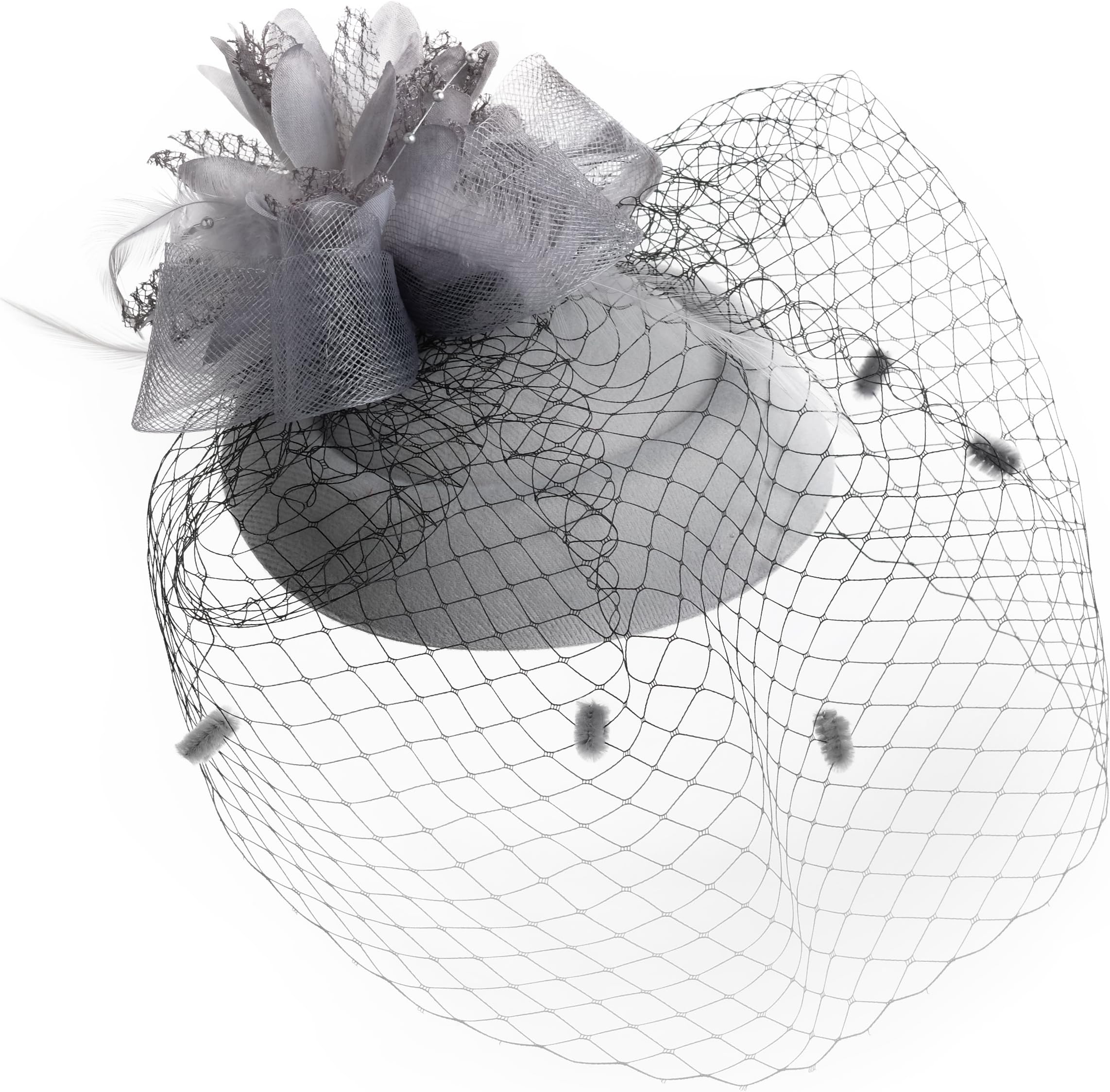 Fascinator Pillbox Hats with Flower Veil Feather Hairclip Wedding Hats for Women