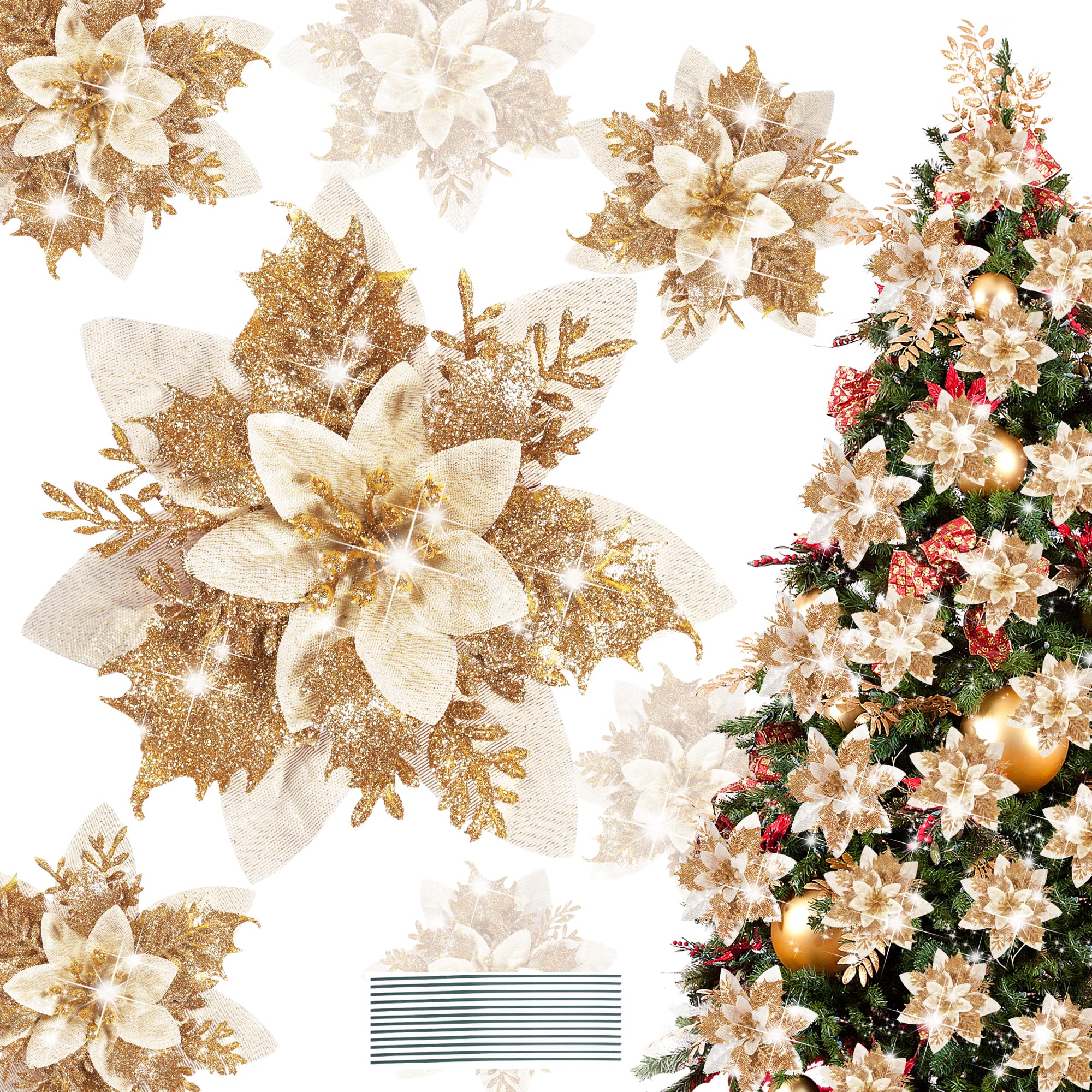 Pecehom 16 Pieces Poinsettia Christmas Decorations,Glitter Artificial Poinsettia Flowers Christmas Tree Ornaments,for New Year Wedding Xmas Wreath Home Party Decor (Gold)