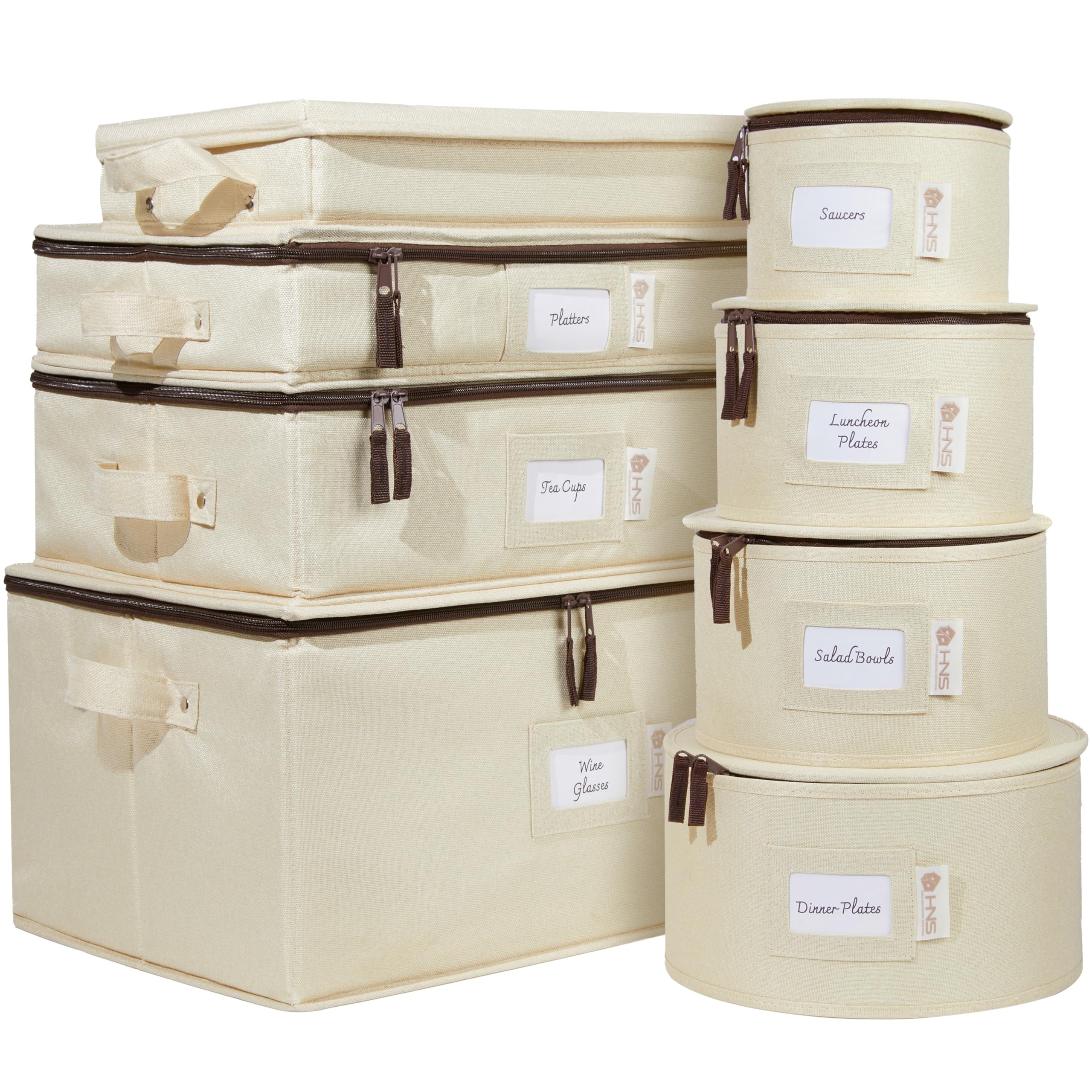 China Storage Hard Shell Containers 8-Piece Set Moving Boxes for Dinnerware, Glasses, Plates, Mugs and Saucers Sturdy Dish Organizer with Dividers for Seasonal Storage - Service for 12 - Beige Image