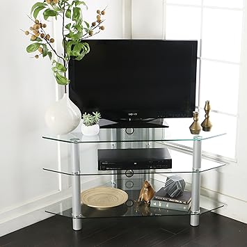 Premium Clear Glass Corner Tv Stand With Silver Legs Amazon Co Uk