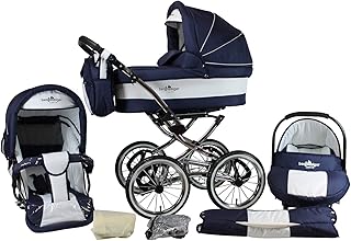 Bergsteiger Venedig Nostalgie Kinderwagen 3 in 1 Retro Kombikinderwagen Megaset 10 teilig inkl. Babyschale, Babywanne, Sportwagen und Zubehör (marine / white)