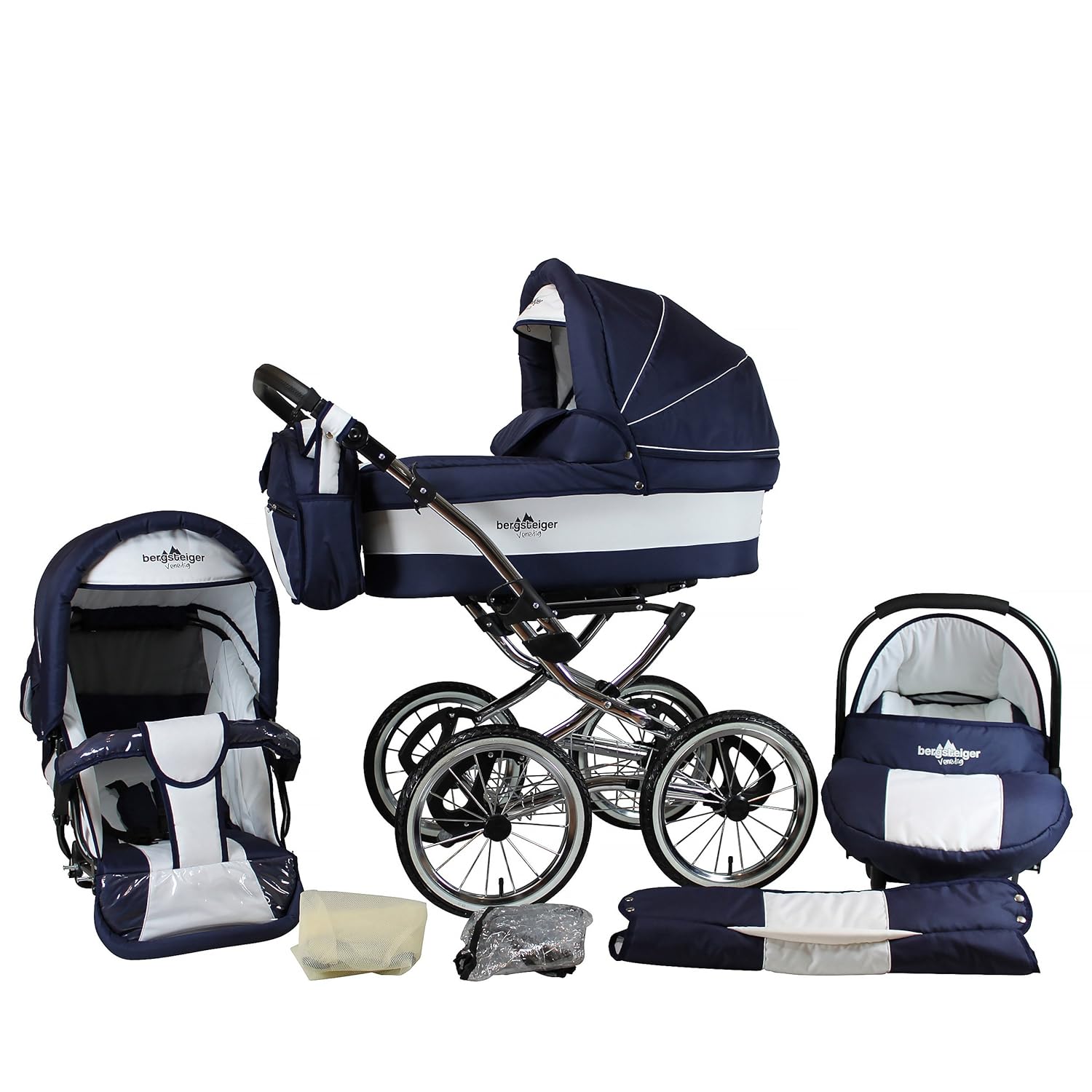 Bergsteiger Venedig Nostalgie Kinderwagen 3 in 1 Retro Kombikinderwagen Megaset 10 teilig inkl. Babyschale, Babywanne, Sportwagen und Zubehör (marine / white)