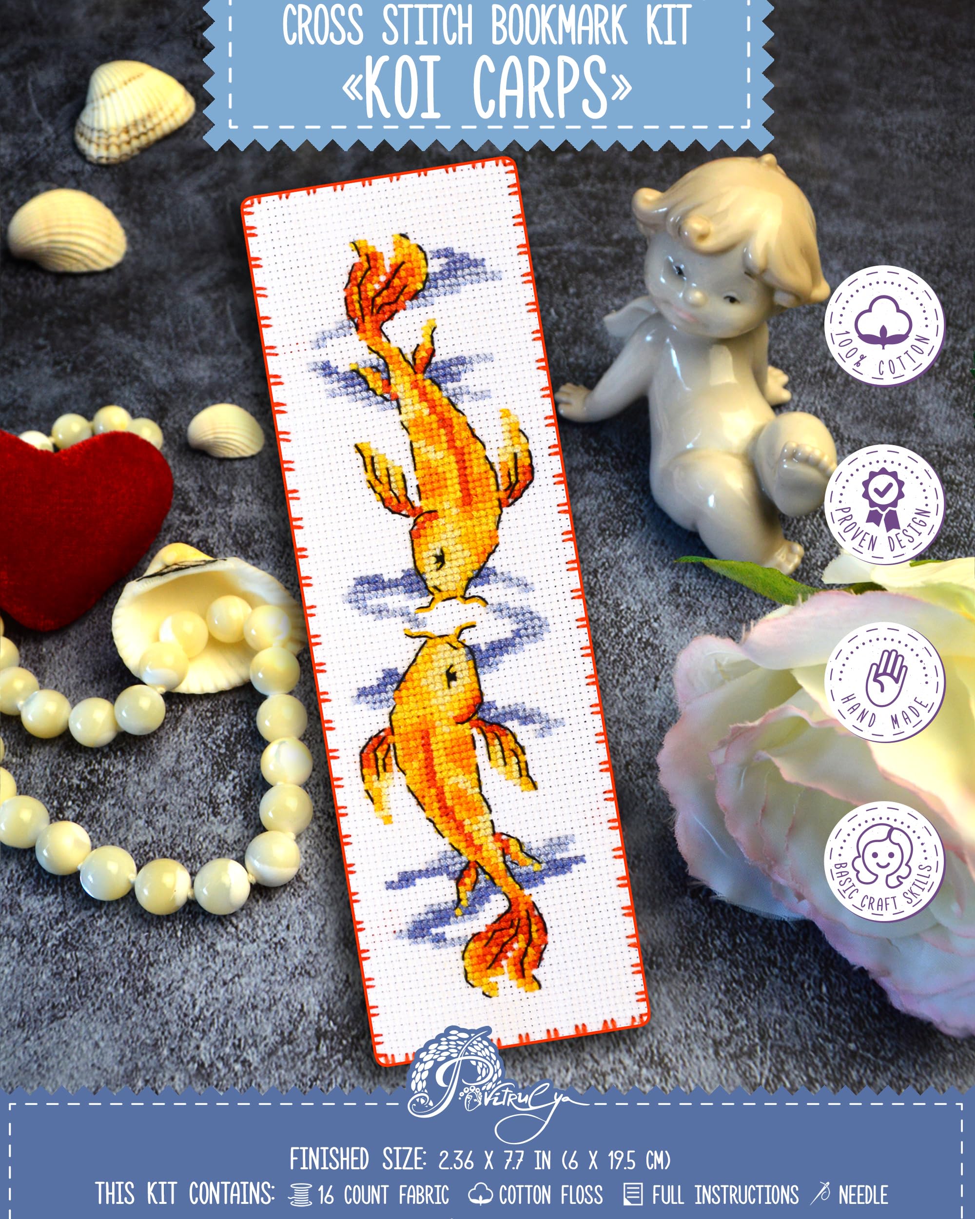 Povitrulya Koi Carp - Counted Cross Stitch Bookmark Kit - Embroidery Set for Adults with Paper Pattern, 16-Count Aida Canvas and Presorted Floss - DIY Christmas, New Year's Gift