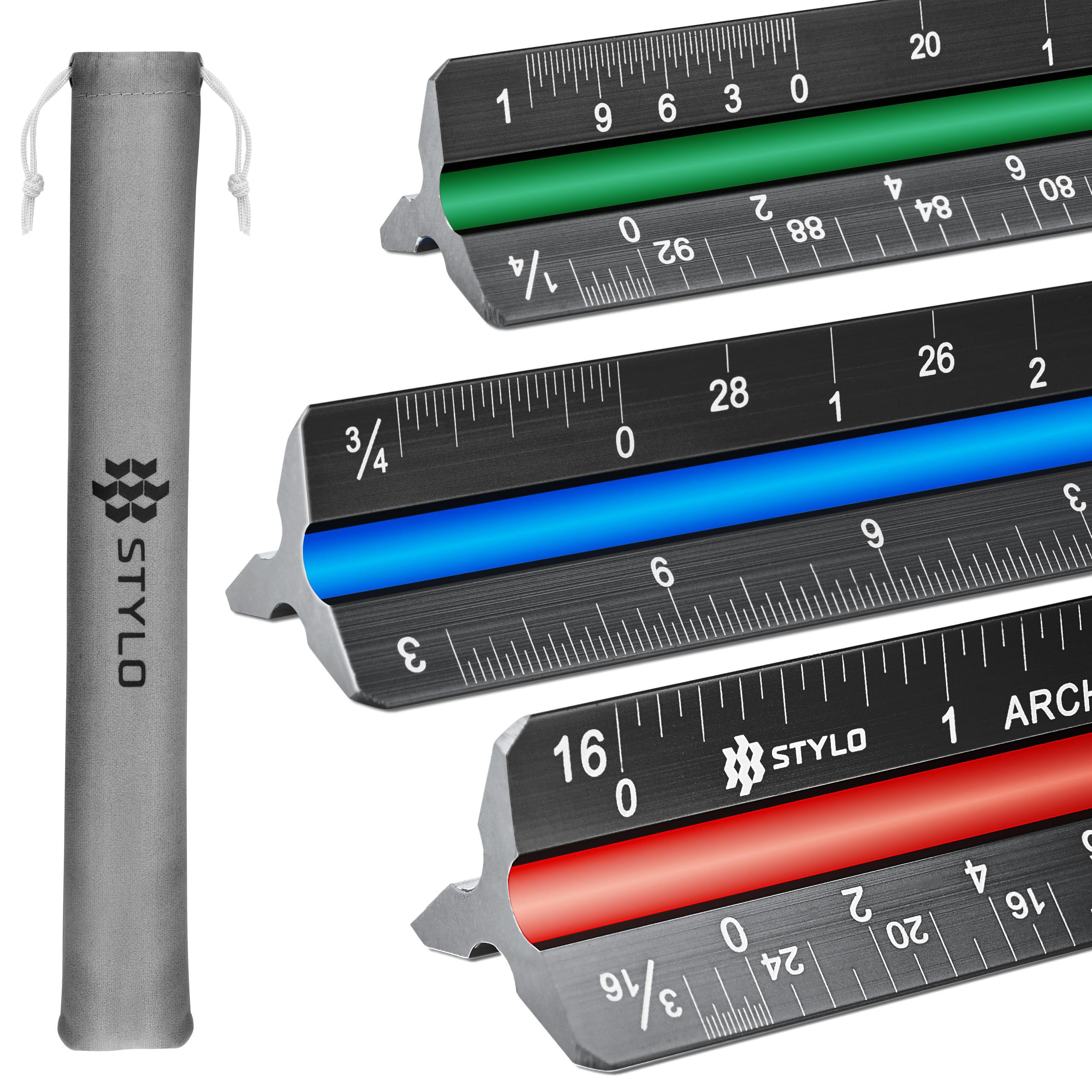Aluminum Architect Scale - 30cm Laser Etched Triangle Drafting Ruler with Colour Coded Grooves for Blueprint, Drafting - Architectural Scale (Black, Imperial Units)
