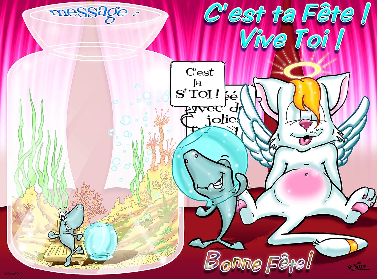 Char 046 Carte Humoristique Bonne Fete Saint Sainte Ange Calendrier Chat Chaton Poisson Requin Aquarium Collection Charlestown Illustration Dessin Cartes Et Papier Cartonne Cartes De Vœux