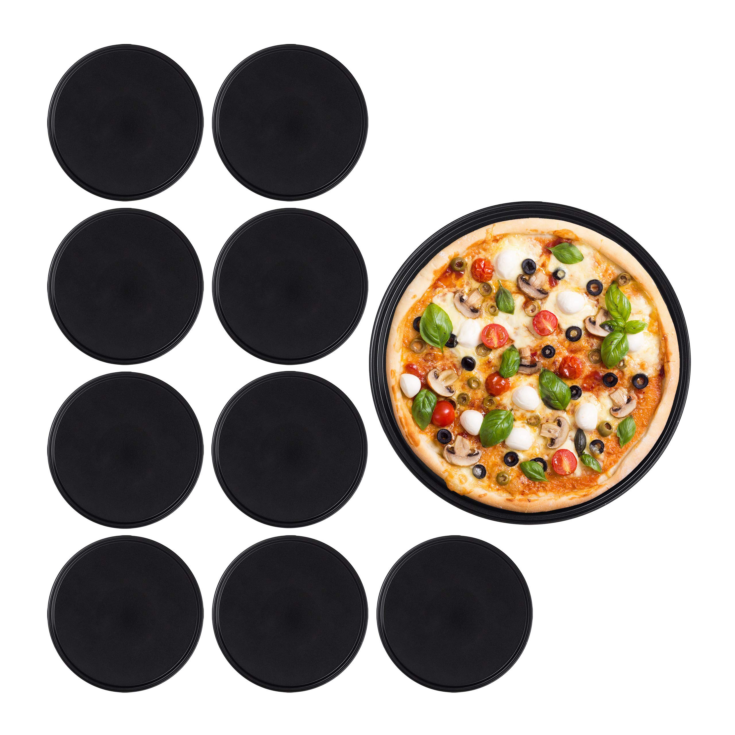 Relaxdays 10030760 Pizza Tray, Set of 10, Round, Perforated, Crisp, ∅ 32 cm, Non-Stick, Tarte Flambee, from Carbon Steel, Black