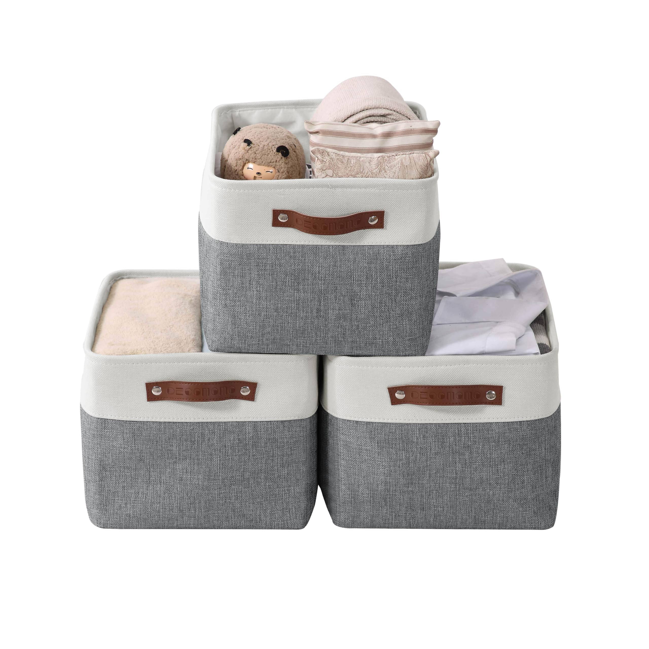 DECOMOMO Storage Baskets | Storage Boxes Fabric Organiser Storage for Wardrobe, Toys, Shelves, Office, Home & Nursery (Extra Large Dark Grey and White 15.8 x 12.5 x 10 – Set of 3)