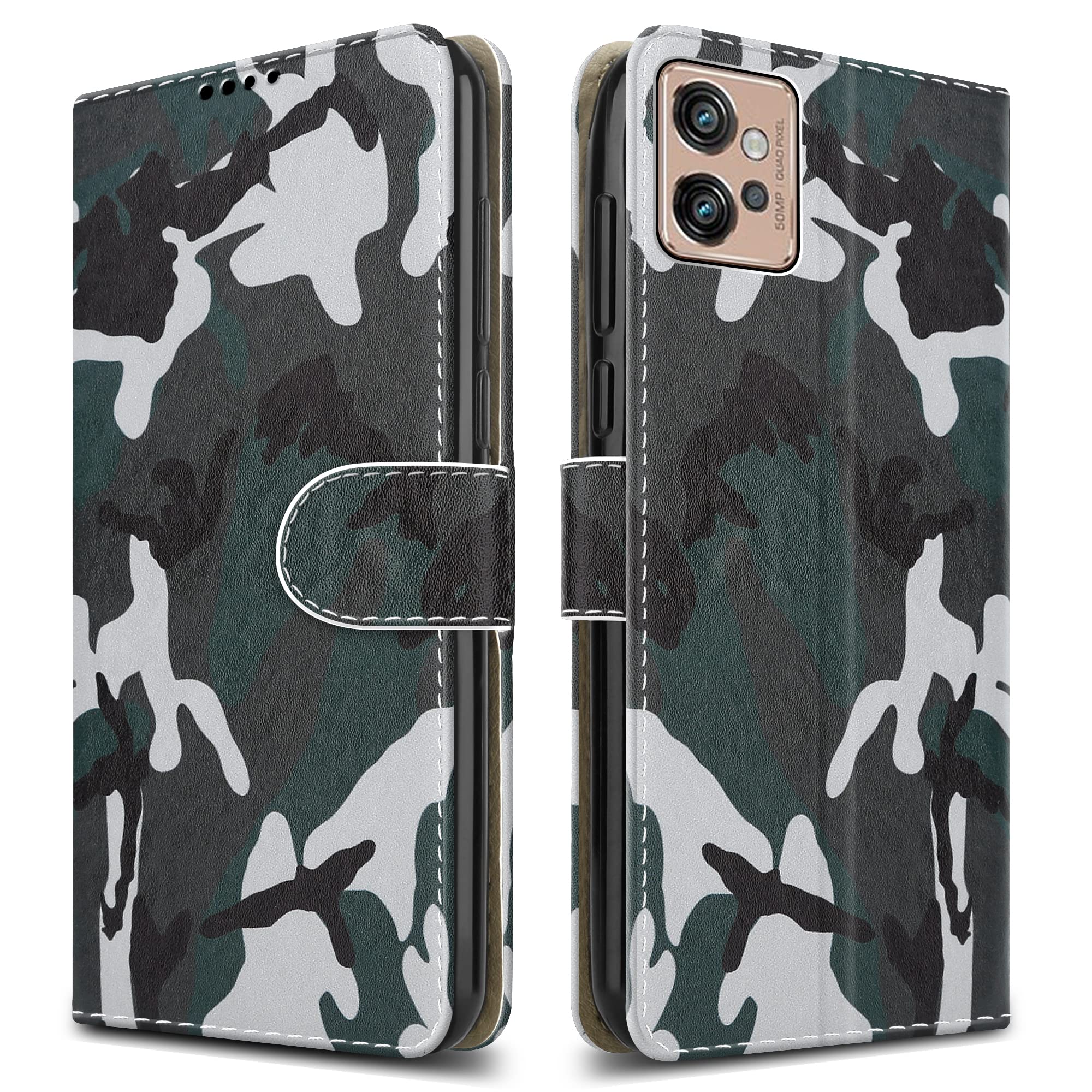 PIXFAB For Motorola G32 Leather Phone Case, Magnetic Closure Full Protection Book Folio Design, Wallet Case Cover [Card Slots] and [Kickstand] For Motorola Moto G32 - Camouflage