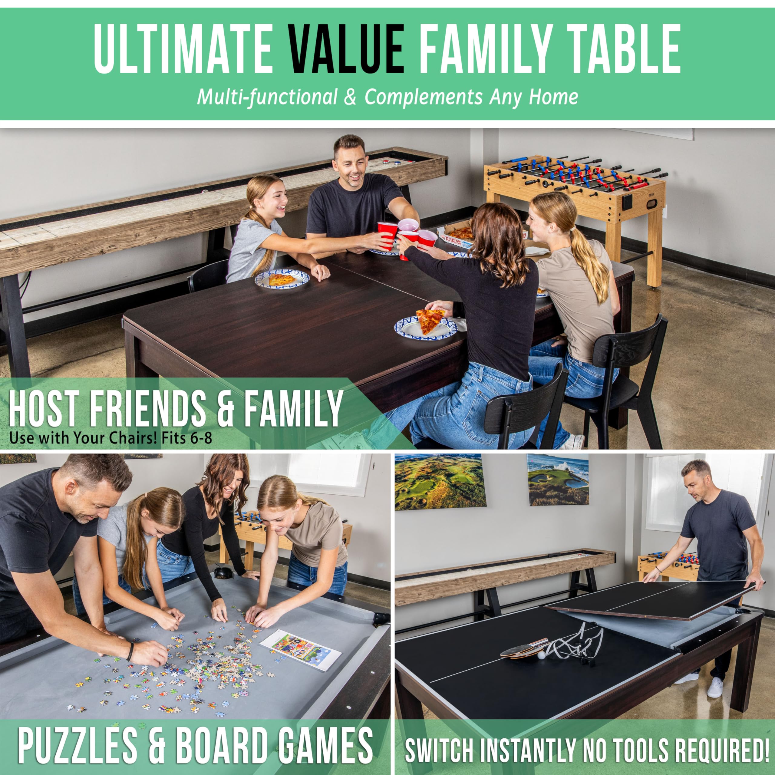 GoSports 7 ft 3 in 1 Pool, Dining, & Table Tennis Combo Table and Storage Benches - Convertible Top Game Table with Billiards and Table Tennis Accessories