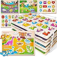 SYNARRY Wooden Puzzles for Toddlers 1-3, 6XSET Puzzles for Toddlers 2-4 with Rack, Learning Alphabet Number Shape Animal Dino