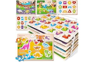 SYNARRY Wooden Puzzles for Toddlers 1-3, 6XSET Puzzles for Toddlers 2-4 with Rack, Learning Alphabet Number Shape Animal Dinosaur Vehicle, Education Toddler Puzzles Toys Gifts for 2 3 Years Boys Girls