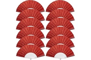 SIISSAPEKSID 12 Pack Handheld Fan,Folding Hand Glitter Fan with Shining Transparent Fan Rib – Ideal for Wedding, Church, Festival, Dance, Tea Party, Club, and EDM Accessories, Red