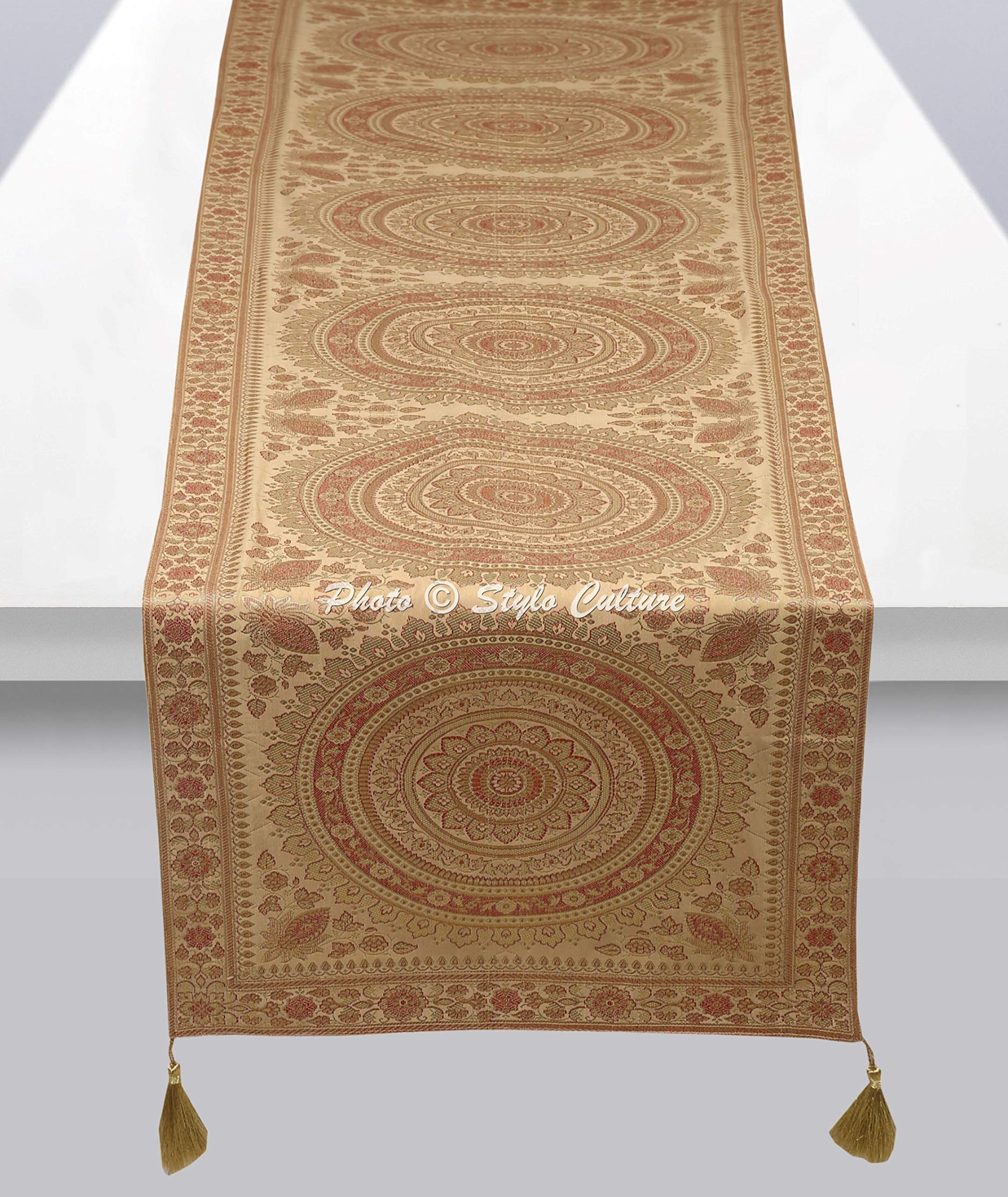 Stylo Culture Indian Table Runner For Coffee Table Gold Party Decor Decorative Round Mandala Jacquard Tassel Work Home Decor Wedding Tablecloth Brocade Rectangle Table Cloth Placemat 68x16 Inches