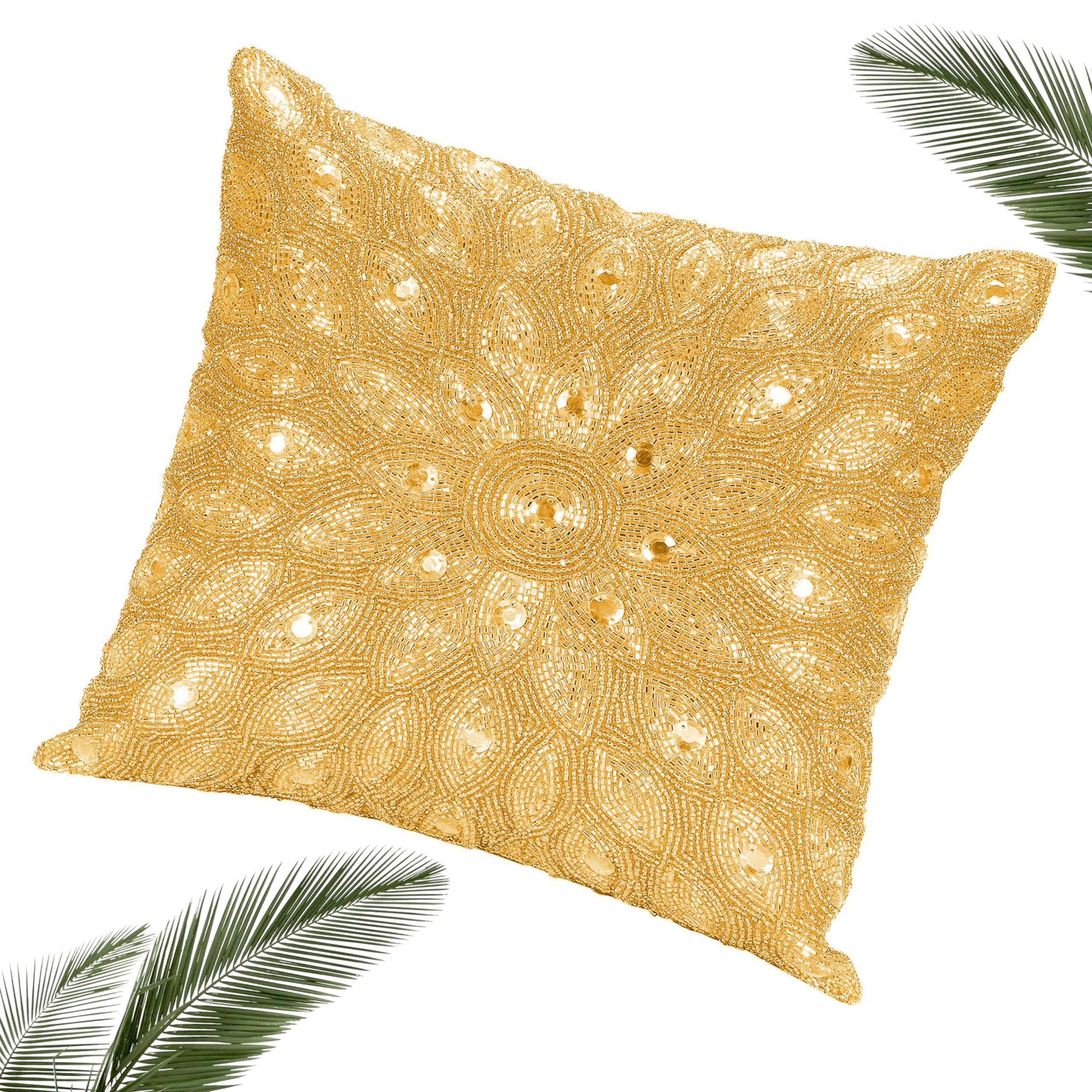 Hand Beaded Decorative Pillow Cover -12x12 Inch (30x30 Cms) - Gold, Handwoven Pillow, Handmade by Skilled Artisans, A Beautiful and Elegant Accessory to Dress up Your Couch, Sofa and Bed - Only Cover โ image 1