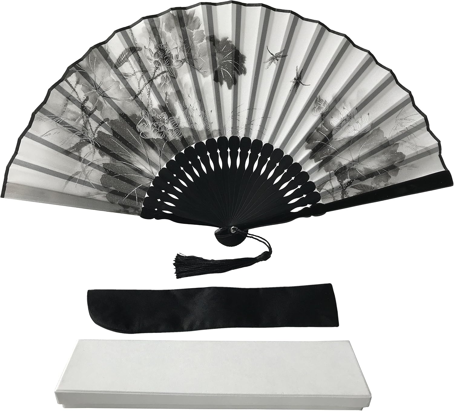 FANSOF.FANS Ink Art Handheld Folding Fan with a Handcrafted Box Fabric Pouch for Women Girls Black and White with Silver Touch Up Durable Folding Fabric Hand Fan (Dragonflies) - Image 3