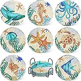 UPINS Ocean Diamond Art Painting Coaster Kit, 8Pcs DIY Crafts Kit with Holder, Non Slip Coaster Art Supplies for Adults, Ideal Christmas Gift