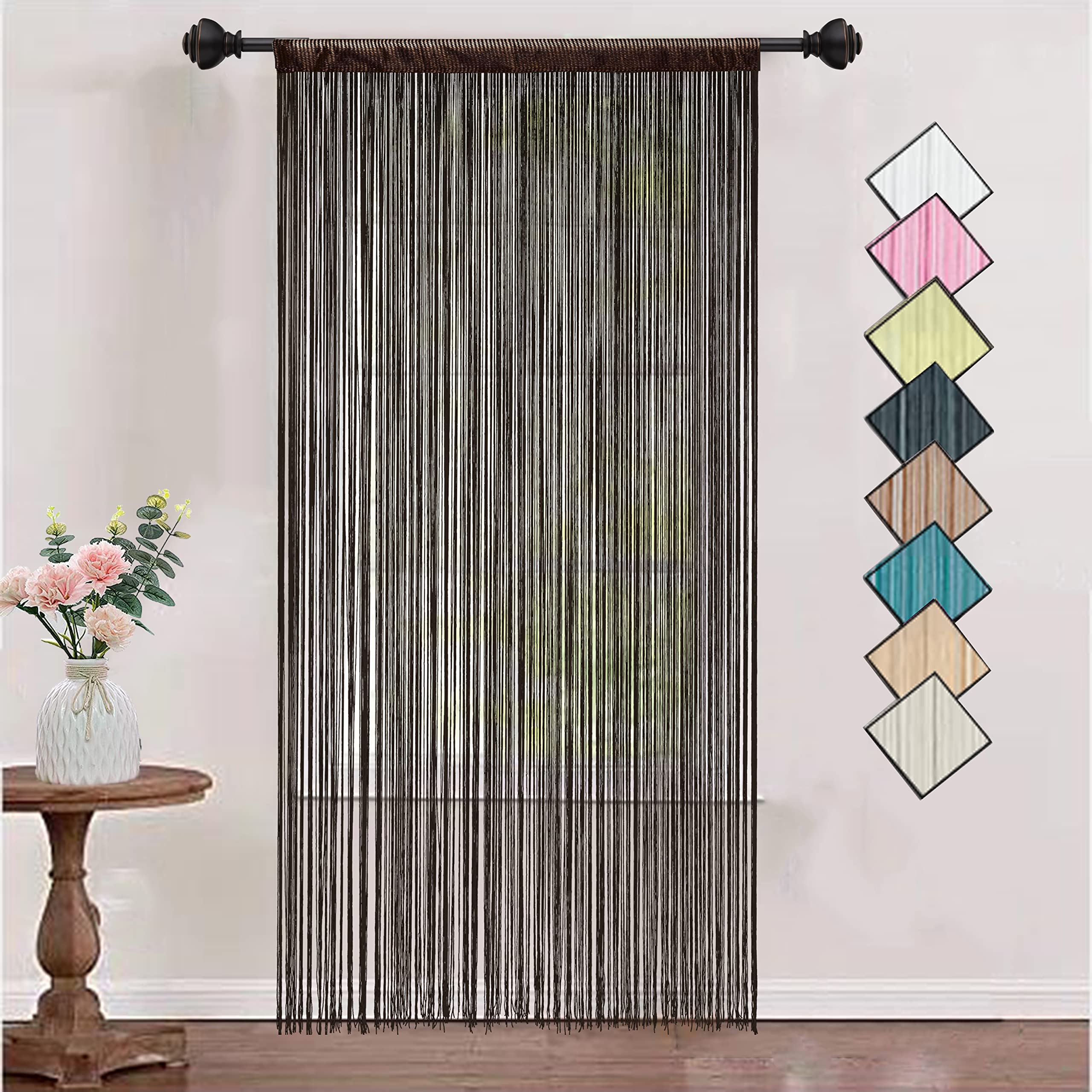 HSYLYM Knitting String Curtain Panels Dense Polyester Fringe Curtain Fly Screens Room Divider for Door Window Decor,Coffee,90 x 200 cm