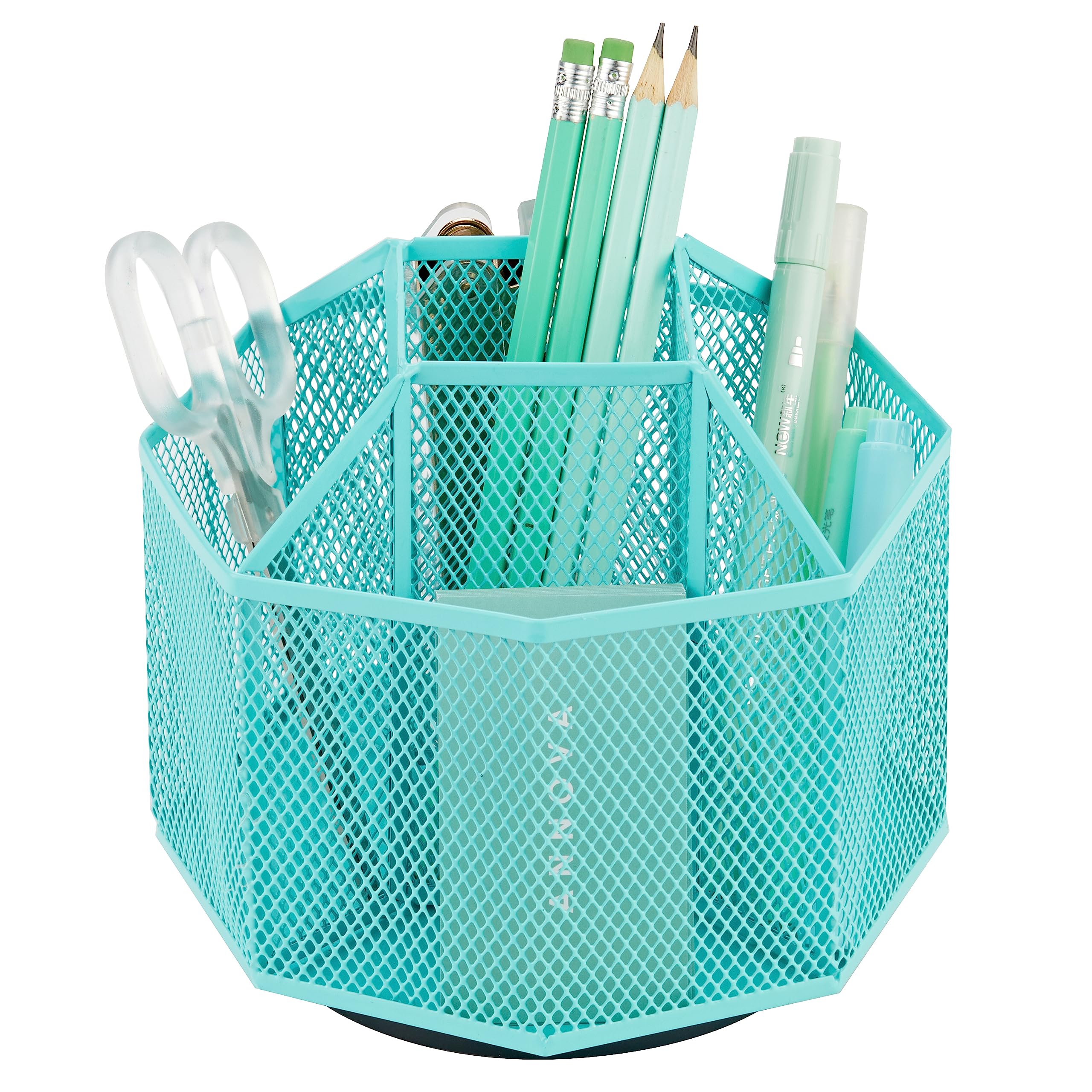 Annova Mesh Desk Organizer Rotate with 5 Compartments Spinning Tidy Candy/Pen Holder Office, Art Supply, Storage, Classroom, Home （Turquoise