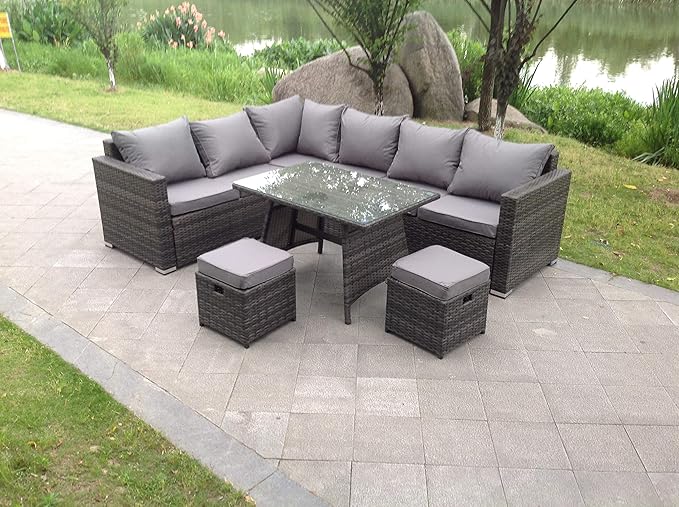 Fimous 8 Seater Grey Rattan Corner Sofa Dining Set Table Garden