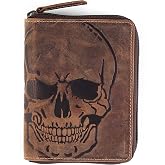 Passport Wallet - Travel Document Holder w/RFID Blocking – Full Grain Leather – Bifold compact zip around Wallet with Credit Card Slots for Women and Men, brown skull,500-31