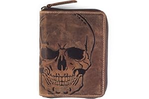 F&L CLASSIC Passport Wallet - Travel Document Holder w/RFID Blocking – Full Grain Leather – Bifold compact zip around Wallet with Credit Card Slots for Women and Men, brown skull,500-31