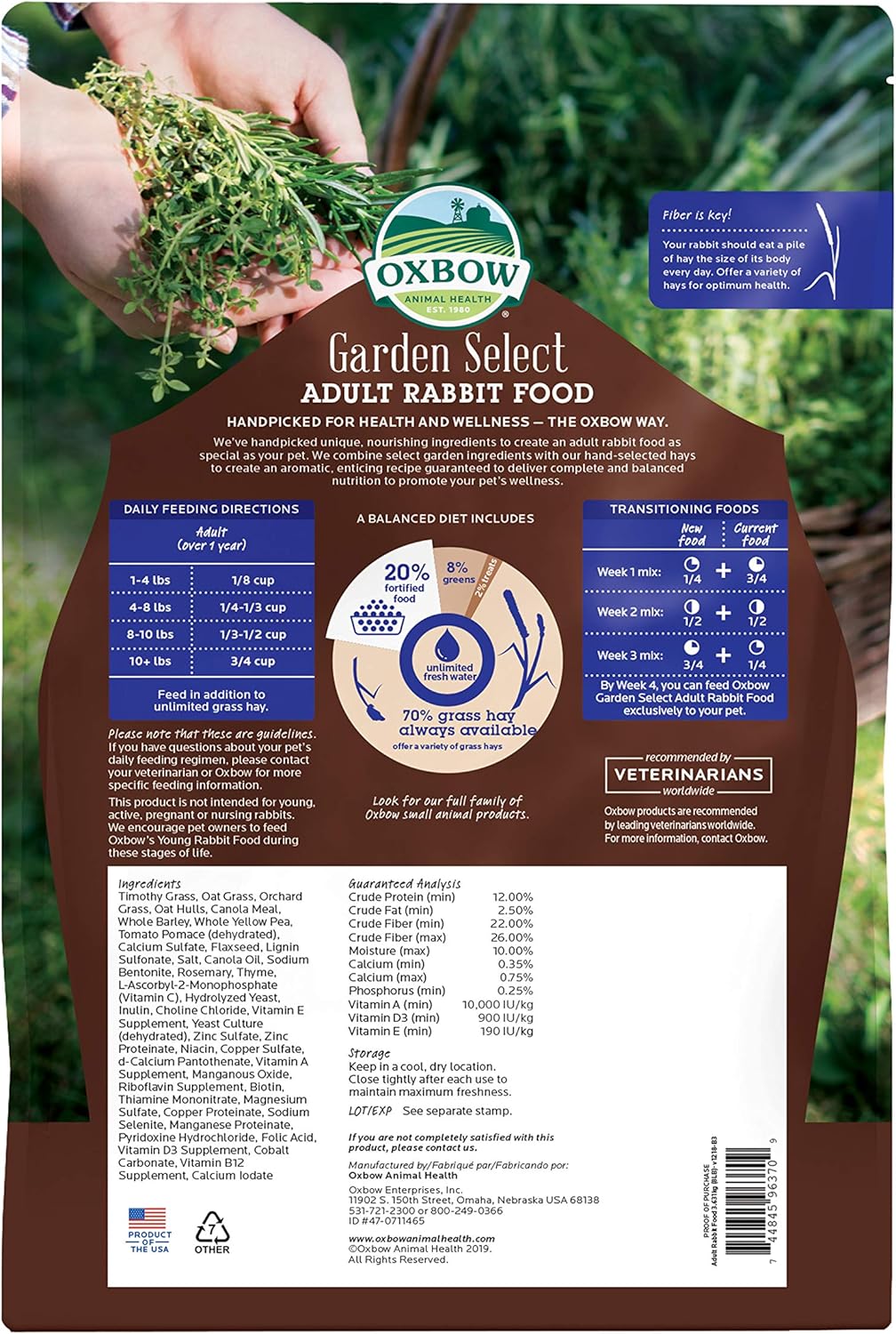 Oxbow Animal Health Garden Select Adult Rabbit Food, Garden-Inspired Recipe for Adult Rabbits, No Soy or Wheat, Non-GMO, Made in The USA, 8 Pound Bag : Pet Supplies