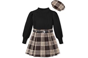 ADIFUN Clothes For Girls Skirt Pants Sets Long-Sleeved Round Neck Top Flannel Plaid Skirt Dress Beret Girls Outfit 3 Piece