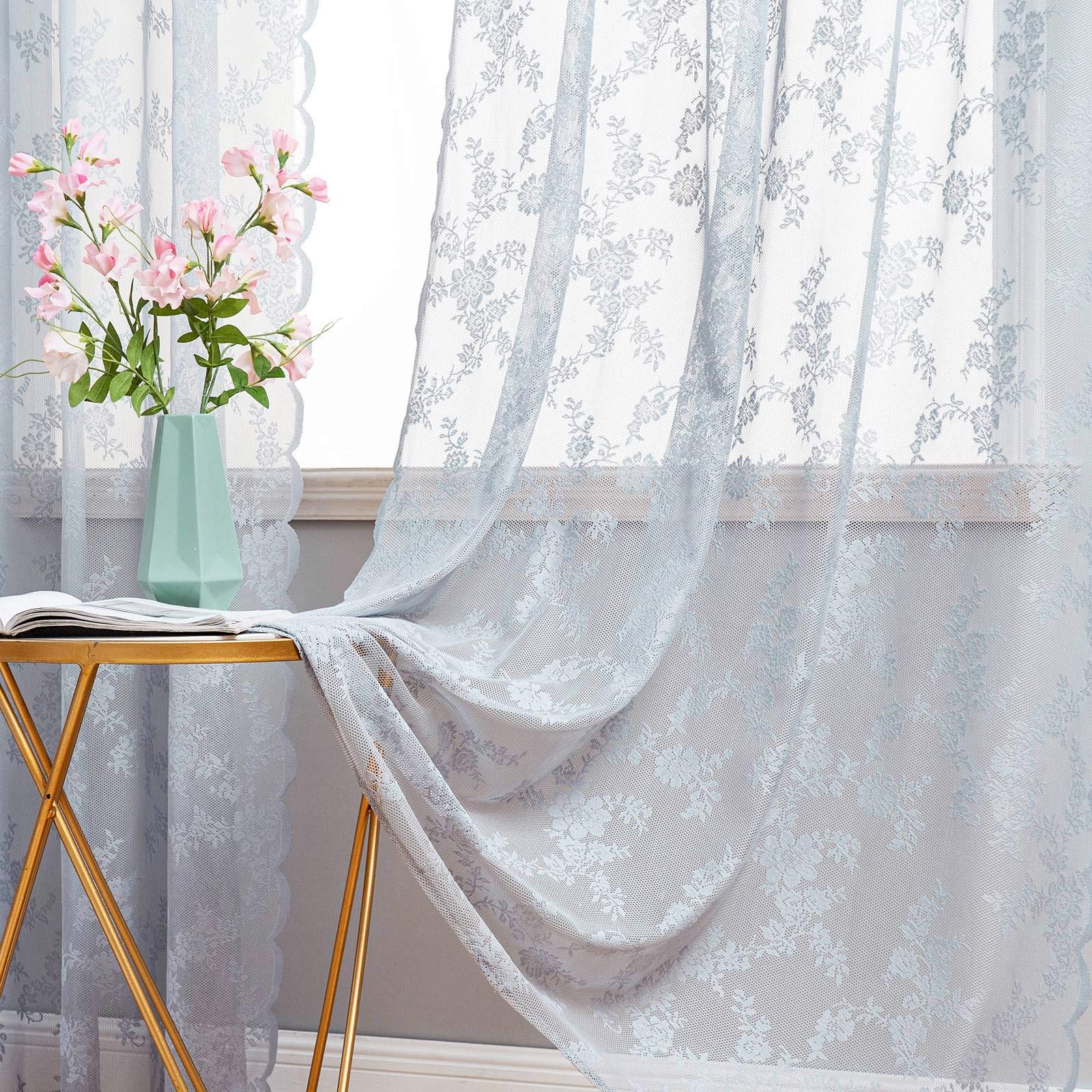 MIULEE 2 Panels Curtains Sheer Lace Curtain Panel Lace Embroidered Sheer Flora Design Grommet Window Voile Panels Drape Treatment Home for Bedroom Living Room 150 x 225 cm 59" Wx 88" L Grey