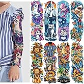 Kids Full Arm Sleeve Temporary Tattoos for Kids Boys Girls, 52-Piece Fake Tattoos with Lion Dinosaur Shark Dolphins Butterfly Elephant Design for Party, Festival, Pool, Beach, Rave Accessories