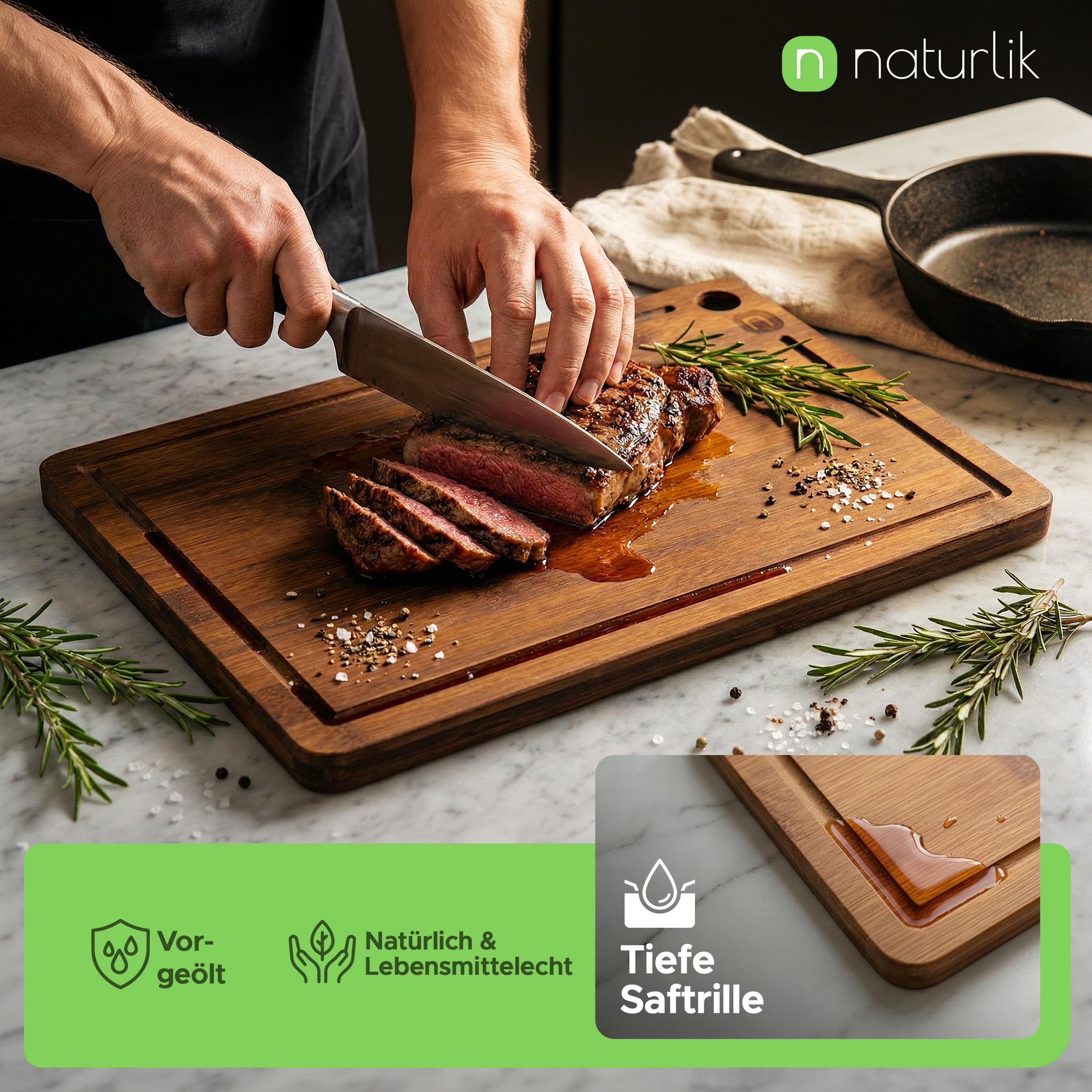 naturlik Schneidebrett Set 3er Karbonisiert - Bambus Schneidebrett Dunkel mit Saftrille - Nachhaltiges Küchenbrett Holz für Fleisch, Gemüse, Käse & Brot - Servierbrett Messerschonend Vorgeölt 6