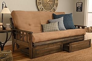 Jerry Sales Tucson Rustic Walnut Frame and Mattress Set with Choice to add Drawers, 8 Inch Innerspring Futon Sofa Bed Full Size Wood (Biege Matt, Frame and Drawers)