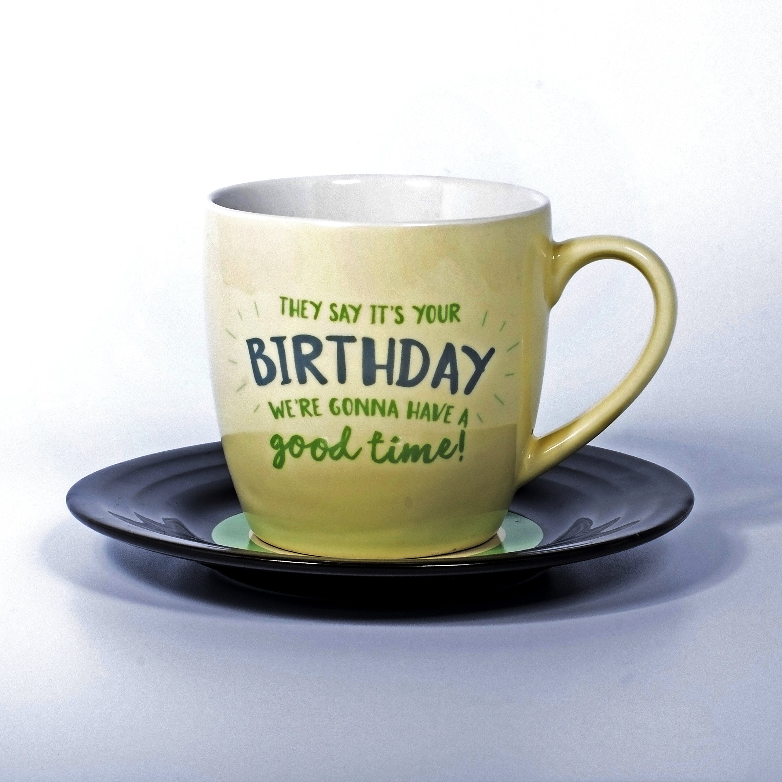 Thumbs Up LandM Birthday Mug and Saucer Set, White, Set of 2