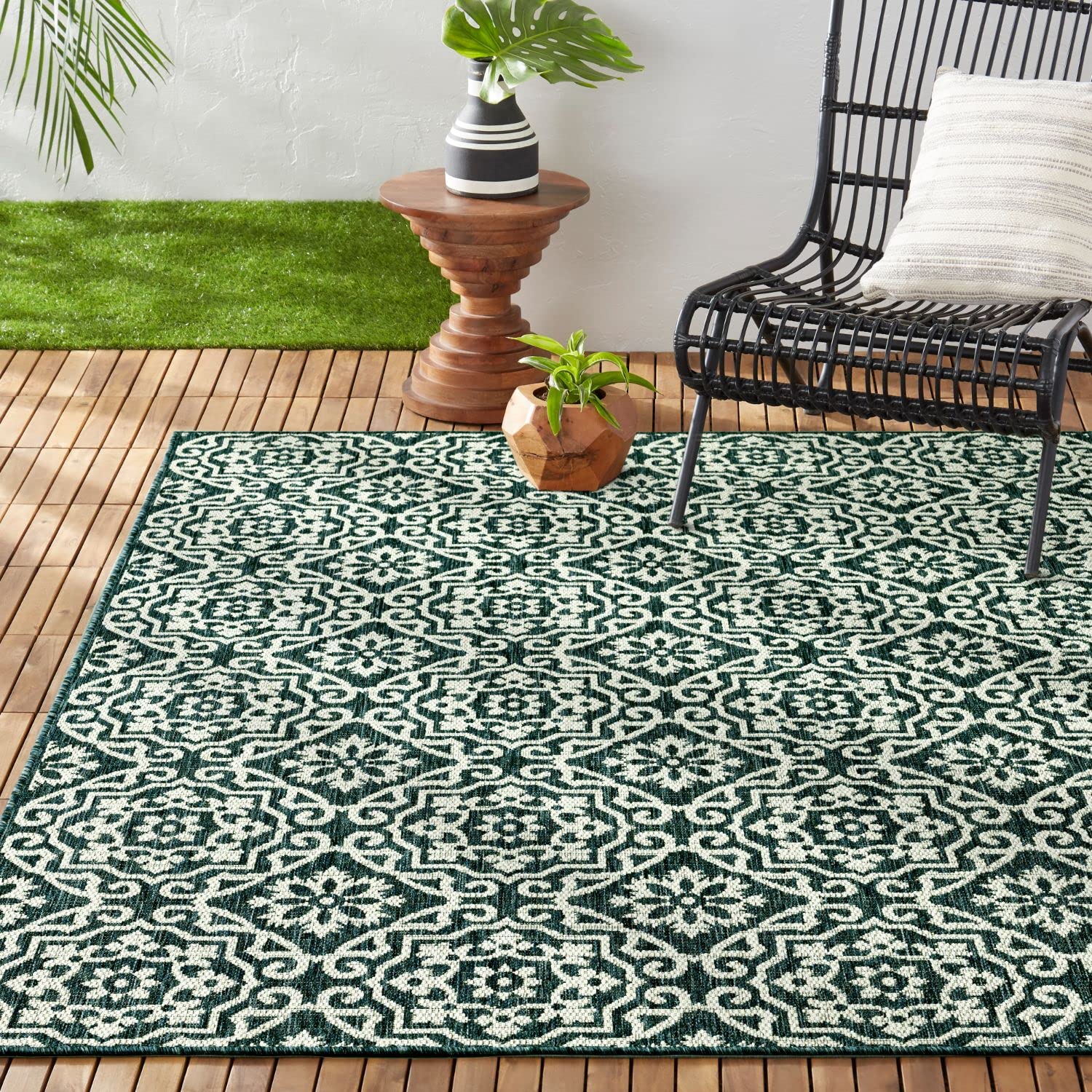 Photo 1 of Nicole Miller New York Patio Country Danica Transitional Geometric Indoor/Outdoor Area Rug, Blue/White, 6'6"x9'2"