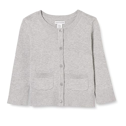 Amazon Essentials Girls' Uniform Slim Fit Crewneck Cardigan Sweater, Light Grey Heather, Medium