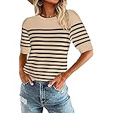Amkoyam Women's 2025 Short Sleeve Crew Neck T Shirts Casual Striped Ribbed Knit Pullover Sweater Tops