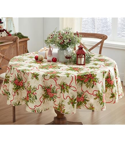 Newbridge Nappe De Noël Ovale En Vinyle Avec Envers En Flanelle – Couronne De Noël – Imprimé Vœux De Noël – Facile à Nettoyer – Facile D'entretien