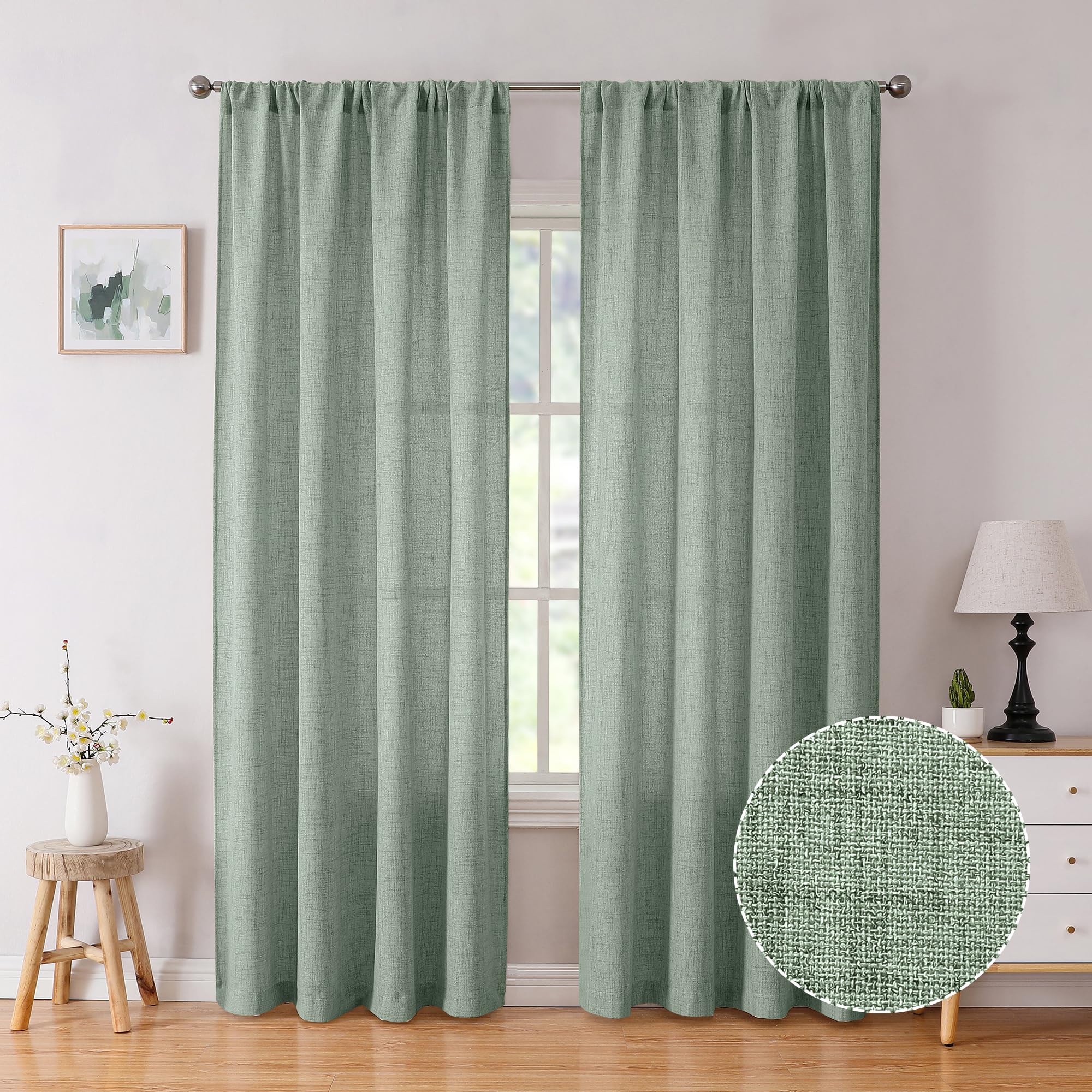 Photo 1 of Tollpiz Linen Curtains Bedroom Rod Pocket Semi Sheer Curtain Burlap Light Filtering Thick Linen Drapes for Living Room, 54 x 84 inches Long, Sage Green, Set of 2 Panels